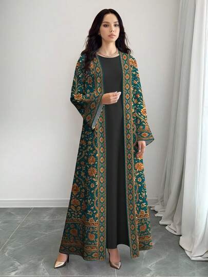 SHEIN Najma عباية كاردجان طويلة الأكمام كاجوال بطبعة رقمية زهرية بطراز البوب آرت، للربيع والخريف