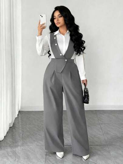 SHEIN Tall CURVE بدلة قفزة نسائية عصرية بقياسات كبيرة، ذات فتحة رقبة عميقة على الصدر وأزرار متعددة في المنتصف وحاشية غير متماثلة بدون أكمام، مناسبة للربيع/الصيف، العودة للمدرسة، العطلات، التخرج، أعياد الحب، عيد الميلاد، المهرجانات الموسيقية، عيد الأم، اله