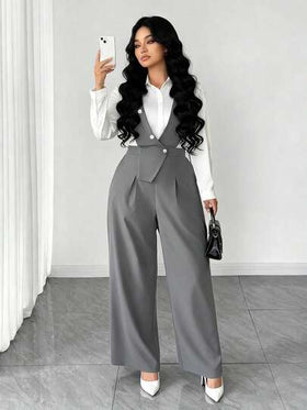 SHEIN Tall CURVE بدلة قفزة نسائية عصرية بقياسات كبيرة، ذات فتحة رقبة عميقة على الصدر وأزرار متعددة في المنتصف وحاشية غير متماثلة بدون أكمام، مناسبة للربيع/الصيف، العودة للمدرسة، العطلات، التخرج، أعياد الحب، عيد الميلاد، المهرجانات الموسيقية، عيد الأم، اله