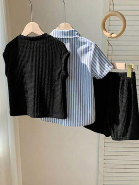 SHEIN 3 قطع طقم سترة كاجوال للأولاد للمدرسة، قميص مخطط، وشورت، مناسب لحفلات عيد الميلاد، الحفلات المسائية، الحفلات، الزفاف، المدرسة، المعمودية، حفلات استقبال المولود، الربيع/الصيف/الخريف