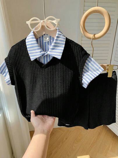 SHEIN 3 قطع طقم سترة كاجوال للأولاد للمدرسة، قميص مخطط، وشورت، مناسب لحفلات عيد الميلاد، الحفلات المسائية، الحفلات، الزفاف، المدرسة، المعمودية، حفلات استقبال المولود، الربيع/الصيف/الخريف