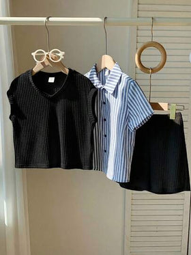 SHEIN 3 قطع طقم سترة كاجوال للأولاد للمدرسة، قميص مخطط، وشورت، مناسب لحفلات عيد الميلاد، الحفلات المسائية، الحفلات، الزفاف، المدرسة، المعمودية، حفلات استقبال المولود، الربيع/الصيف/الخريف