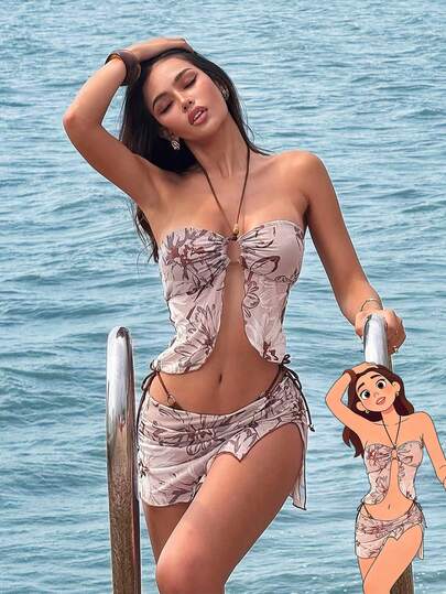 مجموعة بكيني مكونة من 3 قطع مطبوعة بنقشة زهرية على شبكة مزينة بالخرز، بتصميم هولتر مناسب للشاطئ وحفلات المسبح، مثالي للعطلات الربيعية والصيفية