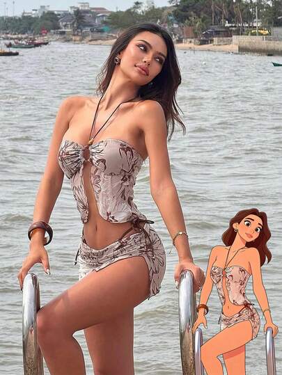 مجموعة بكيني مكونة من 3 قطع مطبوعة بنقشة زهرية على شبكة مزينة بالخرز، بتصميم هولتر مناسب للشاطئ وحفلات المسبح، مثالي للعطلات الربيعية والصيفية