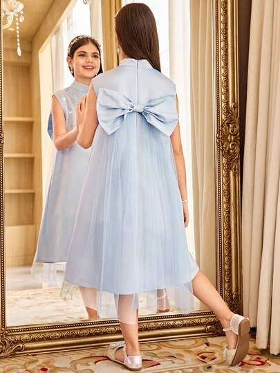 SHEIN فستان أنيق بدون أكمام للفتيات المراهقات، بتصميم خط A مزين بفراشة 3D مرصعة بالراين ستون، فستان أميرة صغيرة، فستان موسم الزفاف، فستان فتاة الزهور، باللون الأزرق