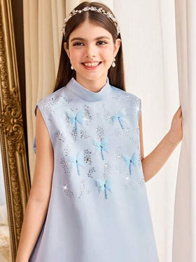 SHEIN فستان أنيق بدون أكمام للفتيات المراهقات، بتصميم خط A مزين بفراشة 3D مرصعة بالراين ستون، فستان أميرة صغيرة، فستان موسم الزفاف، فستان فتاة الزهور، باللون الأزرق