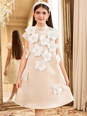 SHEIN فستان قصير بأكمام قصيرة للبنات المراهقات، بتصميم أنيق وألوان سادة، مزين بزهور ثلاثية الأبعاد، مناسب للارتداء اليومي والعودة إلى المدرسة
