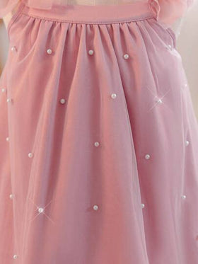 SHEIN فستان كاجوال للفتاة الصغيرة بياقة مربعة وتطريز خرزي وكشكشة على الذيل