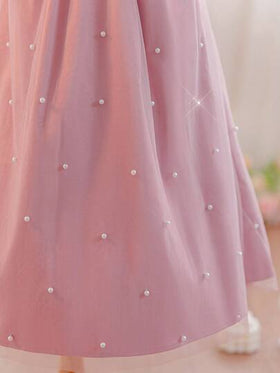 SHEIN فستان كاجوال للفتاة الصغيرة بياقة مربعة وتطريز خرزي وكشكشة على الذيل