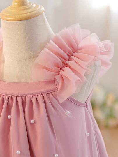 SHEIN فستان كاجوال للفتاة الصغيرة بياقة مربعة وتطريز خرزي وكشكشة على الذيل