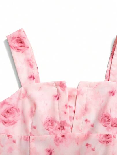 SHEIN رمضان فستان وردي مطبوع بالأزهار ذو خصر مناسب وتنورة متسعة، أنيق للفتيات المراهقات في العطلات الاعتيادية
