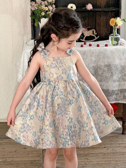 LMoss Kids فستان كاجوال بدون أكمام مزخرف بزهور صغيرة للفتيات الصغيرات