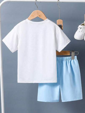 طقم تيشيرت بأكمام قصيرة وشورت مطبوع بطباعة كرتونية للأولاد المراهقين