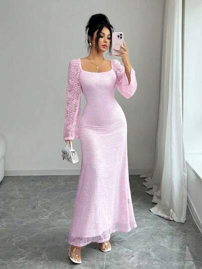 Modelyn فستان طويل أنيق للنساء مع ياقة مربعة، أكمام طويلة، خصر مضبوط وتنورة متسعة، بأسلوب شيك فرنسي