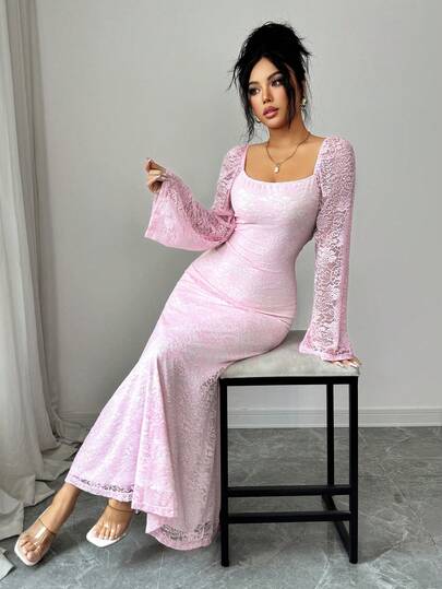 Modelyn فستان طويل أنيق للنساء مع ياقة مربعة، أكمام طويلة، خصر مضبوط وتنورة متسعة، بأسلوب شيك فرنسي
