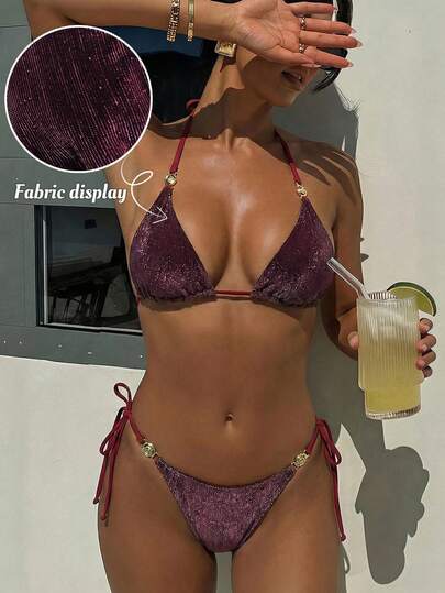 Swim Vcay مجموعة بيكيني نسائية مكونة من قطعتين، قماش نسيجي ذو نمط، تصميم أنيق وبسيط، مناسب للشاطئ والعطلات الربيعية والصيفية
