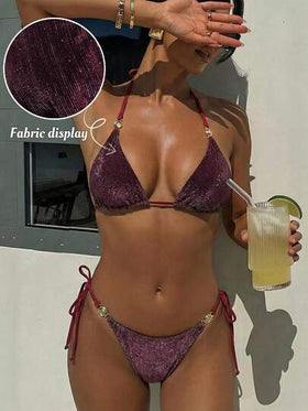 Swim Vcay مجموعة بيكيني نسائية مكونة من قطعتين، قماش نسيجي ذو نمط، تصميم أنيق وبسيط، مناسب للشاطئ والعطلات الربيعية والصيفية