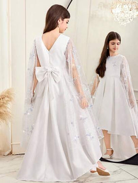 SHEIN فستان حفلة زفاف أبيض مزين بترتر فراشة للفتيات المراهقات