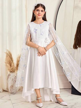 SHEIN فستان حفلة زفاف أبيض مزين بترتر فراشة للفتيات المراهقات