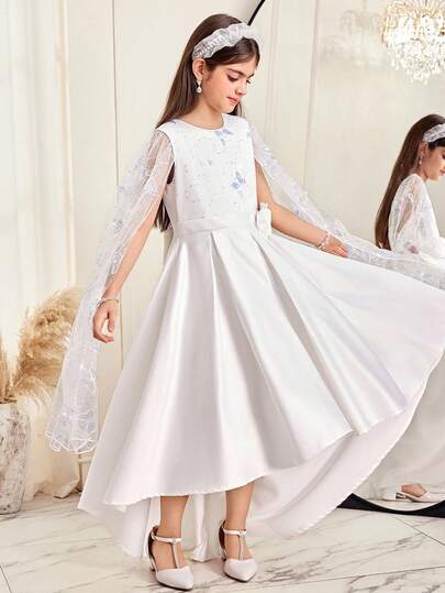 SHEIN فستان حفلة زفاف أبيض مزين بترتر فراشة للفتيات المراهقات