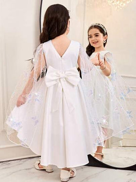 SHEIN فستان زفاف أبيض مطرز بالترتر والفراشات مع قطع من الشبك للفتاة الصغيرة