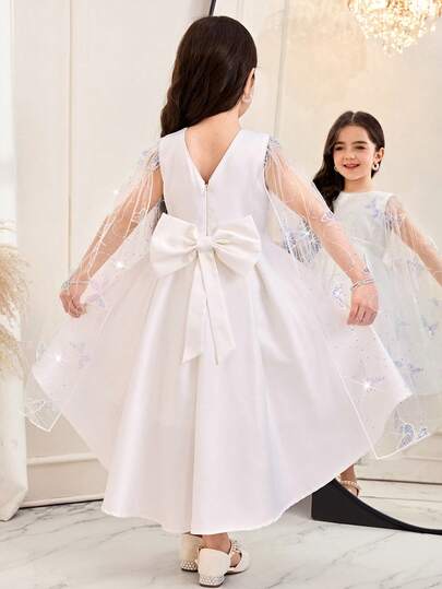SHEIN فستان زفاف أبيض مطرز بالترتر والفراشات مع قطع من الشبك للفتاة الصغيرة