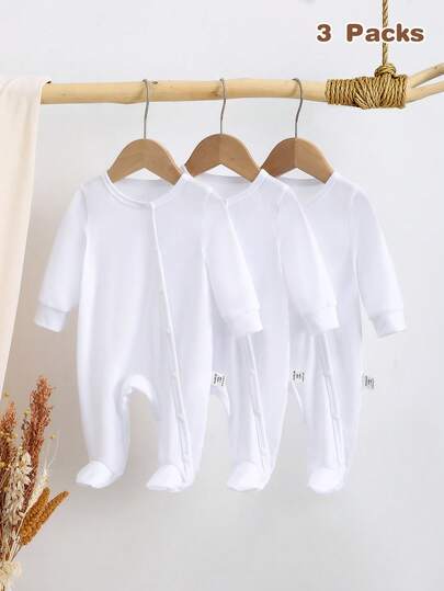 SHEIN Vintaside Kids 3 قطع/مجموعة جمبسوت رضيع حديث الولادة، جمبسوت قطعة واحدة كاملة بأكمام طويلة وأقدام، بيجاما