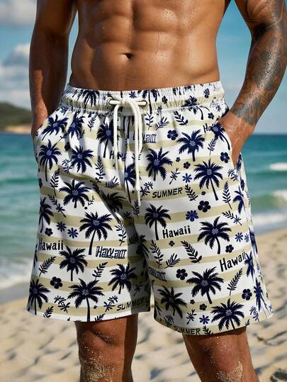 Manfinity Swimmode شورتات رجالية كاجوال للشاطئ مطبوعة بالنباتات والخطوط مع جيب، شورتات سباحة رجالية مطبوعة بأشجار النخيل، ملابس شاطئ رجالية، طقم شورتات صيفية للعطلات في هاواي