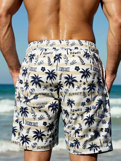 Manfinity Swimmode شورتات رجالية كاجوال للشاطئ مطبوعة بالنباتات والخطوط مع جيب، شورتات سباحة رجالية مطبوعة بأشجار النخيل، ملابس شاطئ رجالية، طقم شورتات صيفية للعطلات في هاواي