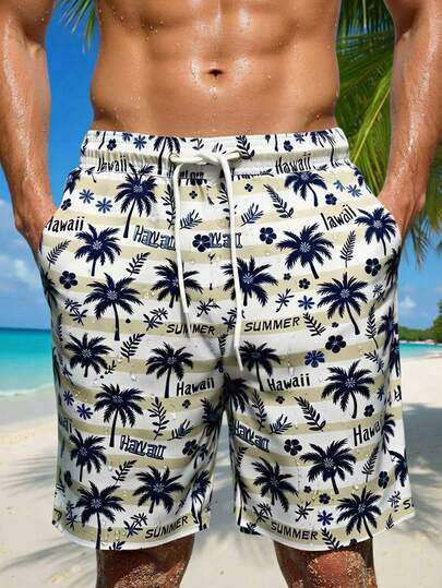 Manfinity Swimmode شورتات رجالية كاجوال للشاطئ مطبوعة بالنباتات والخطوط مع جيب، شورتات سباحة رجالية مطبوعة بأشجار النخيل، ملابس شاطئ رجالية، طقم شورتات صيفية للعطلات في هاواي