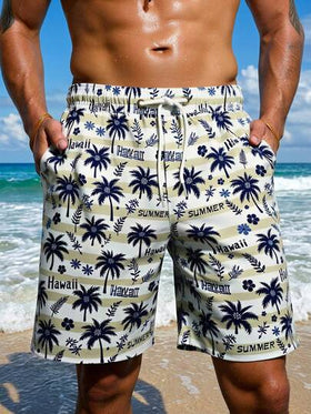 Manfinity Swimmode شورتات رجالية كاجوال للشاطئ مطبوعة بالنباتات والخطوط مع جيب، شورتات سباحة رجالية مطبوعة بأشجار النخيل، ملابس شاطئ رجالية، طقم شورتات صيفية للعطلات في هاواي