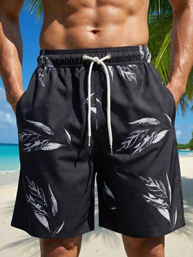 Manfinity Swimmode شورت كاجوال للشاطئ للرجال بخصر مرن وجيوب بطبعة نباتات استوائية