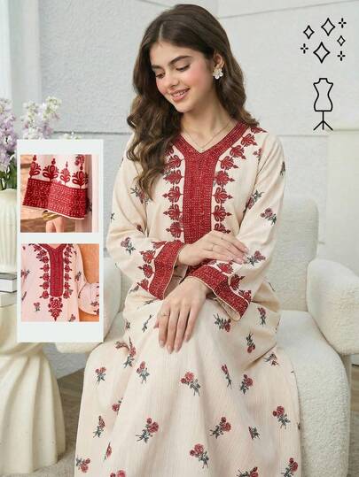 SHEIN رمضان فستان فضفاض بأكمام طويلة وياقة على شكل حرف V مع طباعة زهرية للفتيات المراهقات