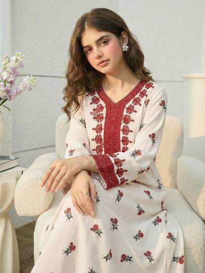 SHEIN رمضان فستان فضفاض بأكمام طويلة وياقة على شكل حرف V مع طباعة زهرية للفتيات المراهقات