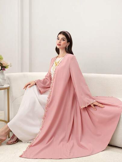 Yasmyna رمضان عباءة أنيقة للنساء بطبعة سحابة وزهور من الدانتيل بأكمام طويلة، مناسبة للربيع والصيف
