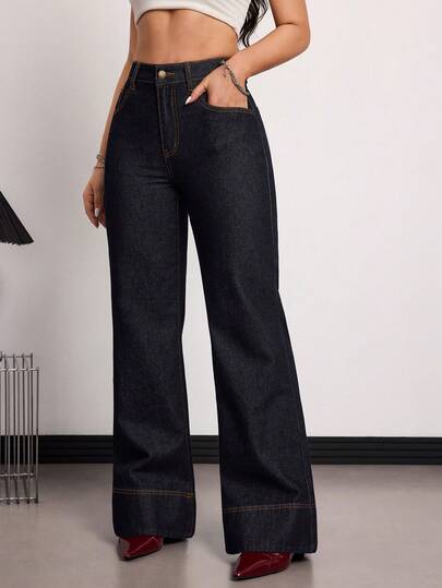 SHEIN Tall سراويل جينز نسائية ذات خصر عالي وساق واسعة فضفاضة كاجوال متعددة الاستخدامات، مناسبة للصيف والربيع وعيد الحب والزفاف، جينز أنيق