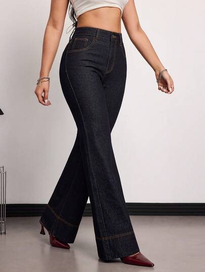 SHEIN Tall سراويل جينز نسائية ذات خصر عالي وساق واسعة فضفاضة كاجوال متعددة الاستخدامات، مناسبة للصيف والربيع وعيد الحب والزفاف، جينز أنيق