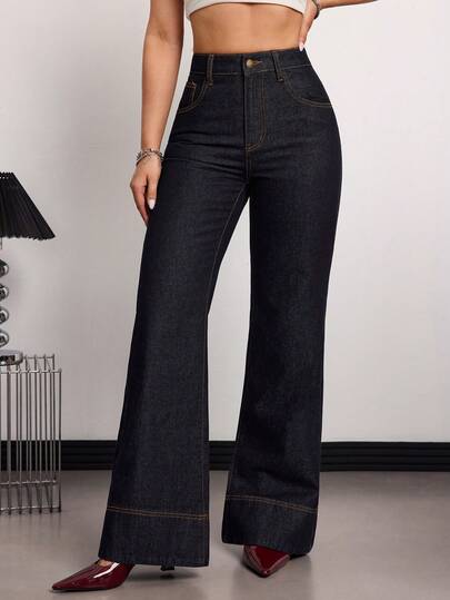 SHEIN Tall سراويل جينز نسائية ذات خصر عالي وساق واسعة فضفاضة كاجوال متعددة الاستخدامات، مناسبة للصيف والربيع وعيد الحب والزفاف، جينز أنيق