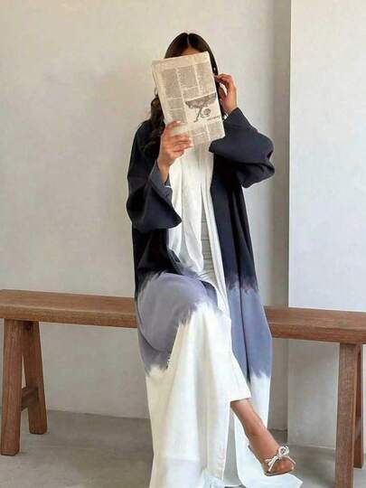 ثوب طويل أنيق للنساء، بتصميم صبغ التعتيق وأكمام منسدلة، قماش كاجوال منسدل مع قليل من المرونة