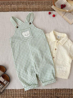 SHEIN ملابس أطفال حديثي الولادة جنسين، رومبير رضيع ولد/بنت كاجوال جميلة متعددة الاستخدامات بنمط الدب الكرتوني والمربعات الخضراء