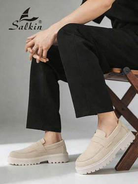 Salkin أحذية رجالية مصممة من الجلد الأحمر، أحذية كاجوال سهلة الارتداء، ذات نعل سميك، من الجلد الأحمر الأنيق، ناعمة ومريحة، برؤوس مستديرة، أحذية رسمية للبس اليومي والمناسبات والحفلات والزفاف. ملاحظة: تأتي