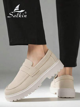 Salkin أحذية رجالية مصممة من الجلد الأحمر، أحذية كاجوال سهلة الارتداء، ذات نعل سميك، من الجلد الأحمر الأنيق، ناعمة ومريحة، برؤوس مستديرة، أحذية رسمية للبس اليومي والمناسبات والحفلات والزفاف. ملاحظة: تأتي