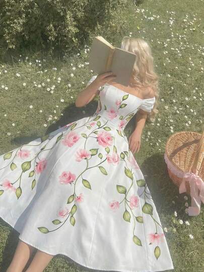 SHEIN MOD فستان أنيق للنساء بطبعة زهور وياقة منحرفة الكتف