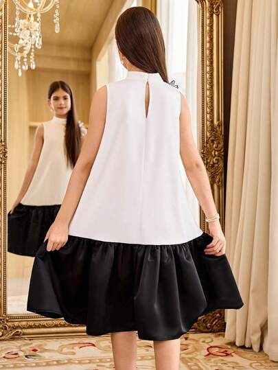 SHEIN فستان أنيق بتصميم ثلاثي الأبعاد للفتيات المراهقات، بياقة مستديرة وبدون أكمام، تنورة بكشكشة وتباين في الألوان