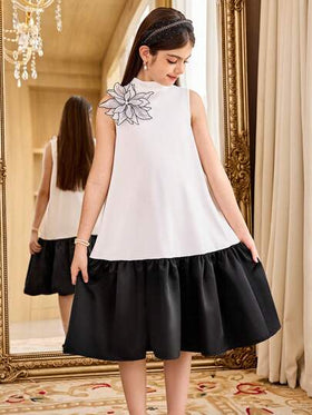SHEIN فستان أنيق بتصميم ثلاثي الأبعاد للفتيات المراهقات، بياقة مستديرة وبدون أكمام، تنورة بكشكشة وتباين في الألوان