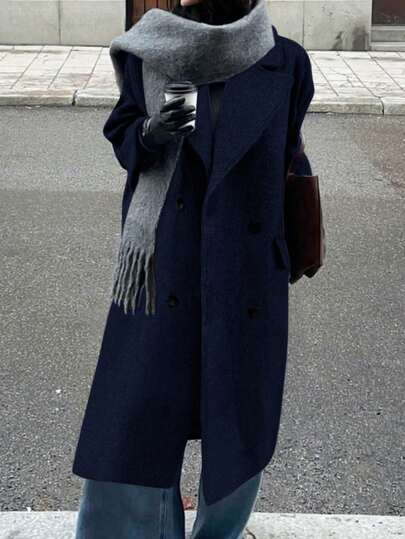 معطف طويل الأكمام بجيب من الصوف الممتد للمرأة ذات الحجم الكبير، بلون أحادي أنيق، معطف صوفي مزدوج الصدر، ملابس نسائية لعيد الميلاد، بلوزات نسائية أنيقة باللون الأسود