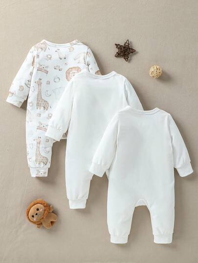 SHEIN Vintaside Kids 3 قطع/مجموعة جمبسوت رضيع يونيسكس مطبوعة بطبعات حيوانات جميلة، قماش ناعم مناسب للبيت والخروجات والعطلات، للاستخدام في الربيع والخريف للأطفال من الجنسين من عمر 0-3 سنوات، ملابس أطفال محايدة طبيعية للمواليد الجدد
