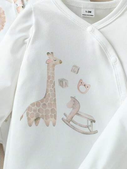 SHEIN Vintaside Kids 3 قطع/مجموعة جمبسوت رضيع يونيسكس مطبوعة بطبعات حيوانات جميلة، قماش ناعم مناسب للبيت والخروجات والعطلات، للاستخدام في الربيع والخريف للأطفال من الجنسين من عمر 0-3 سنوات، ملابس أطفال محايدة طبيعية للمواليد الجدد