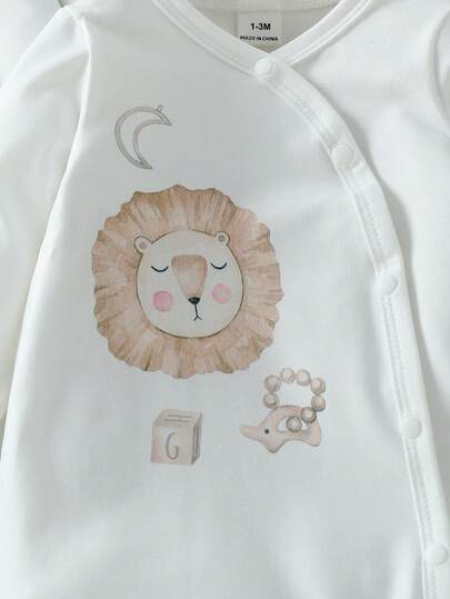 SHEIN Vintaside Kids 3 قطع/مجموعة جمبسوت رضيع يونيسكس مطبوعة بطبعات حيوانات جميلة، قماش ناعم مناسب للبيت والخروجات والعطلات، للاستخدام في الربيع والخريف للأطفال من الجنسين من عمر 0-3 سنوات، ملابس أطفال محايدة طبيعية للمواليد الجدد