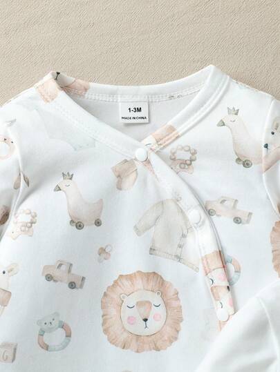 SHEIN Vintaside Kids 3 قطع/مجموعة جمبسوت رضيع يونيسكس مطبوعة بطبعات حيوانات جميلة، قماش ناعم مناسب للبيت والخروجات والعطلات، للاستخدام في الربيع والخريف للأطفال من الجنسين من عمر 0-3 سنوات، ملابس أطفال محايدة طبيعية للمواليد الجدد